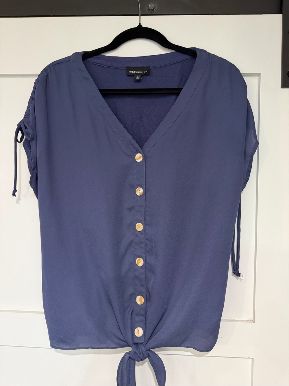 Blue Button-Front Tie Hem V-Neck Top